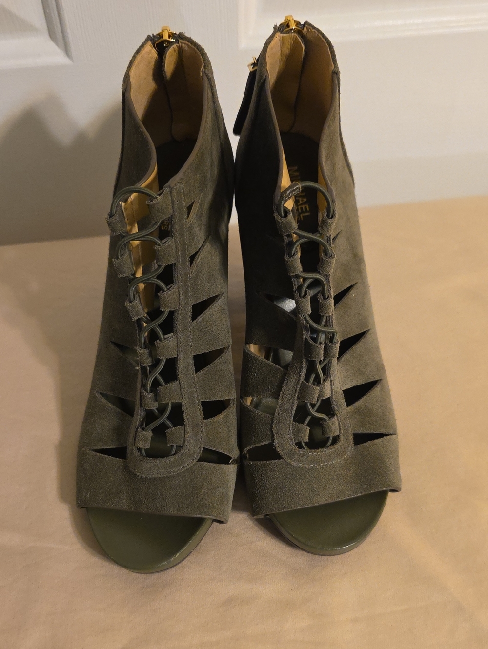 MICHAEL Michael Kors Olive Suede Lace-Up Peep Toe Heels